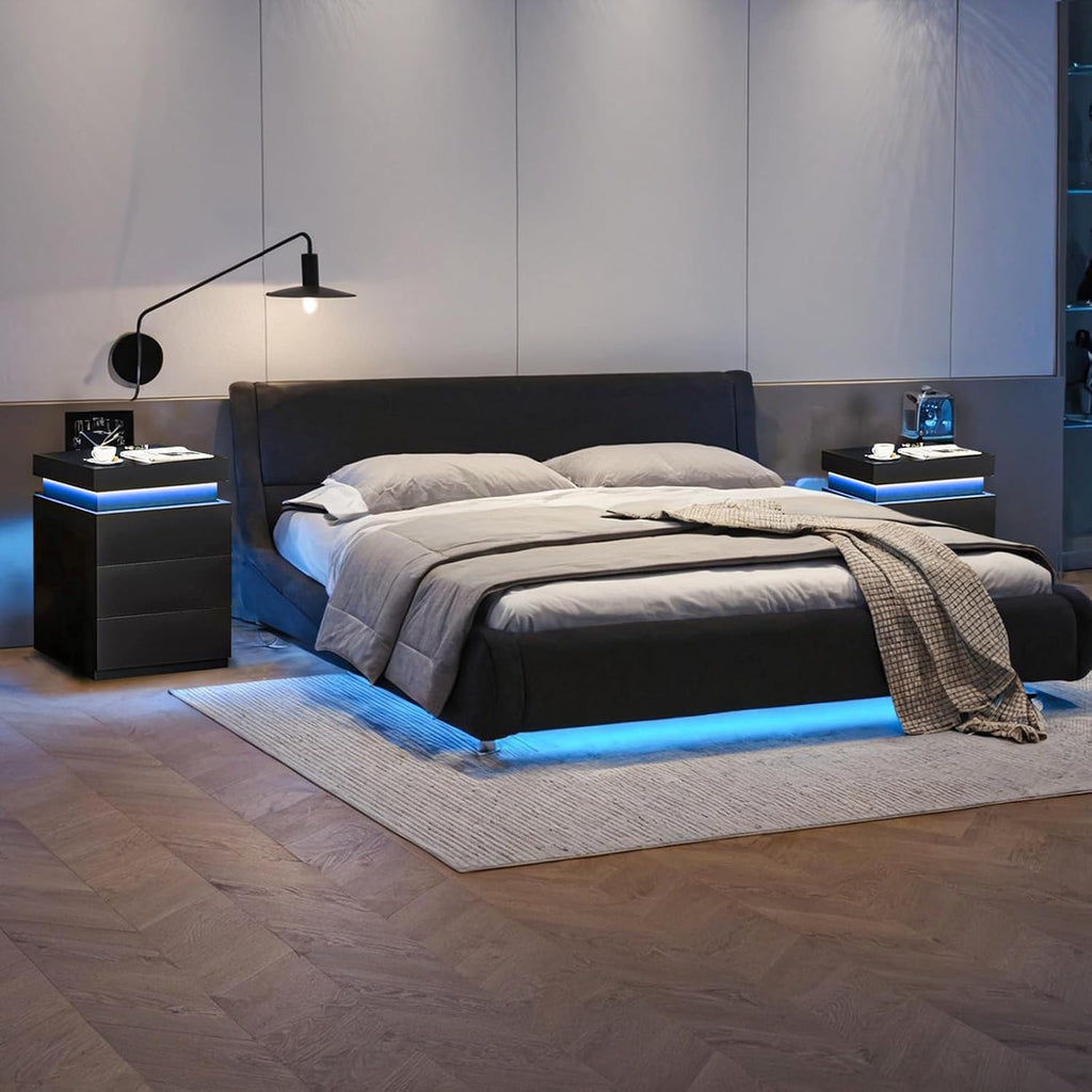 Black Nightstand with Charging Station and LED Light,27'' Tall Night Stand with Sliding Top for Bedroom, Bedside Table with 3 Drawers, Modern End Side Table for Living Room
