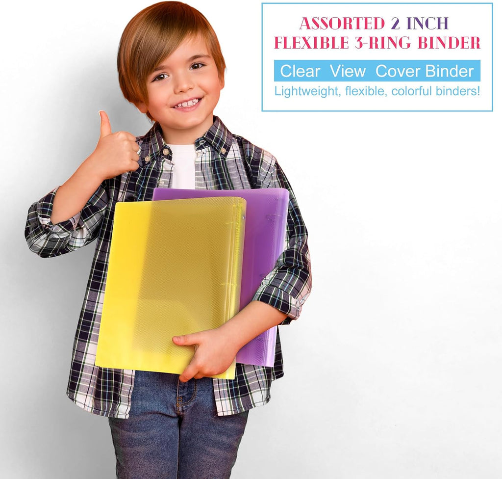 Fulmoon 48 Pack 3 Ring Plastic Binders 2 Inch Bulk with 2 Pockets, Flexible Binder Loose Leaf Hardcover, Fit 12' x 10' US Letter Size Paper, for School Office Home, 6 Colors(Bright)