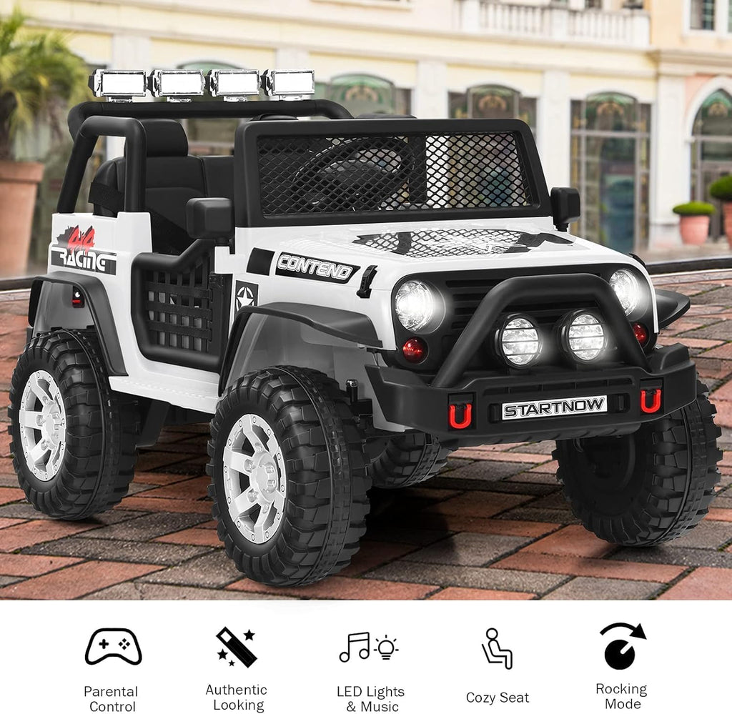 Costzon 2-Seater Ride on Truck, 12V Battery Powered Electric Vehicle w/Remote Control, 2 Speeds, Spring Suspension, LED Light, Horn, Music/ MP3, 2 Doors Open, Ride on Car for Kids (White)
