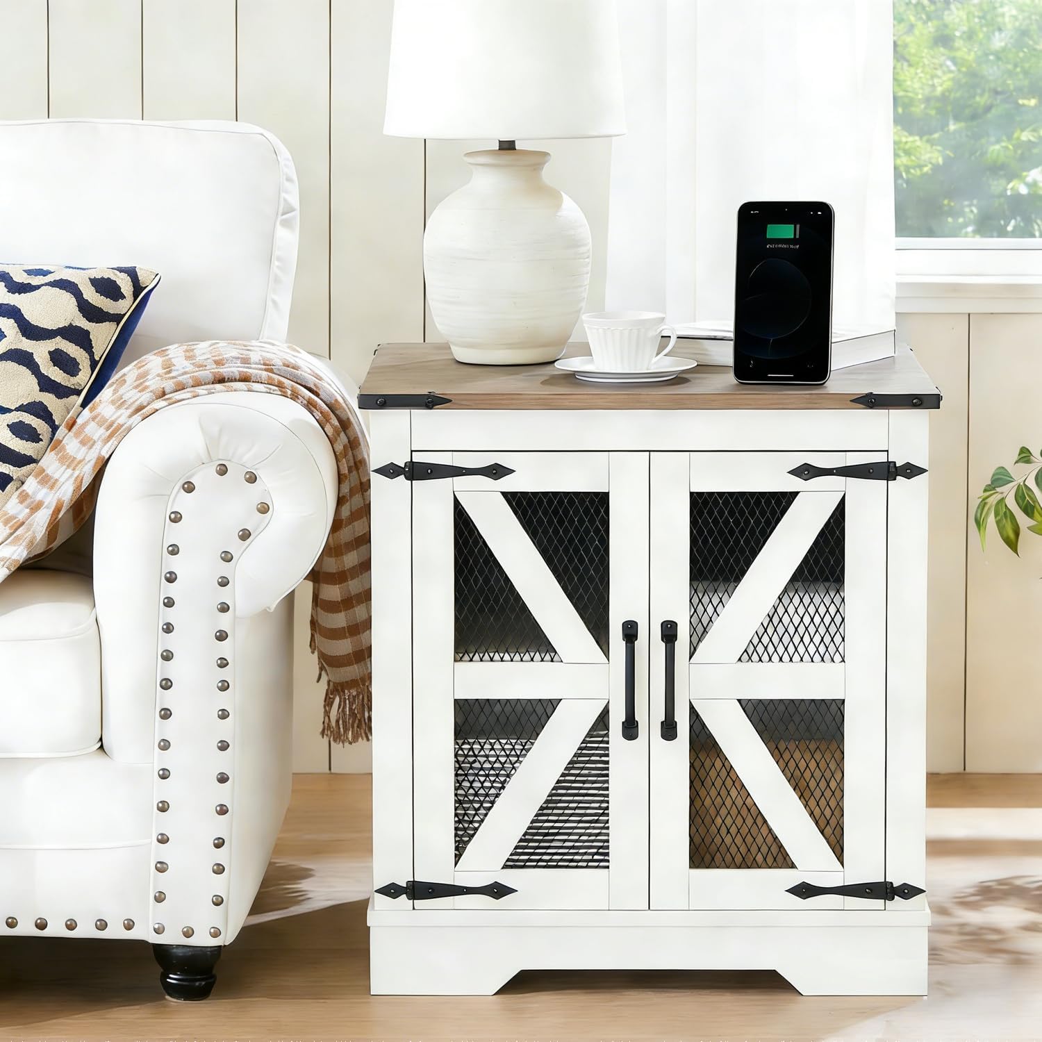 White Farmhouse End Table Set of 2, 21' Wood Sofa Side Table with Charging Station, Rustic Nightstand with Mesh Barn Door for Living Room, Square