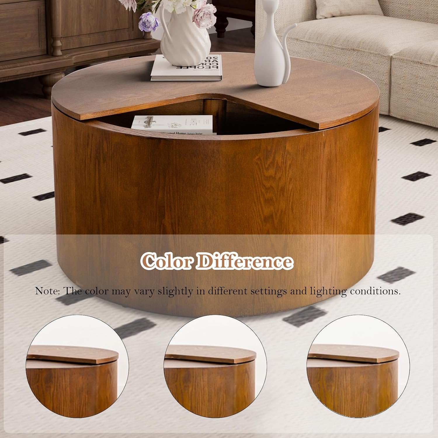 27.16' Modern Walnut Side Table with Storage, Mid Century Round Sofa End Table - 360° Rotation Tabletop for Small Space No Assemble Required (Walnut 27.16in)