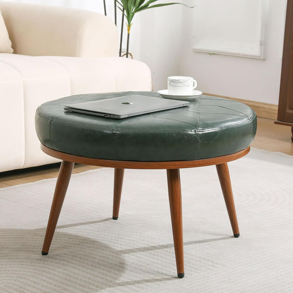 Green Round Ottoman Coffee Table, 24-Inch Faux Leather Cushioned Footstool with Solid Wood Bookshelf & Frame, Multifunctional Storage Ottoman for Living Room, Bedroom