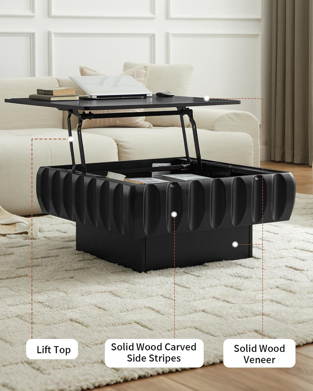 31' Lift Top Coffee Table, Fluted Coffee Table with Hidden Storage, Rectangle Handmade Solid Wood Strips for Small Space Apartment Living Room, Black