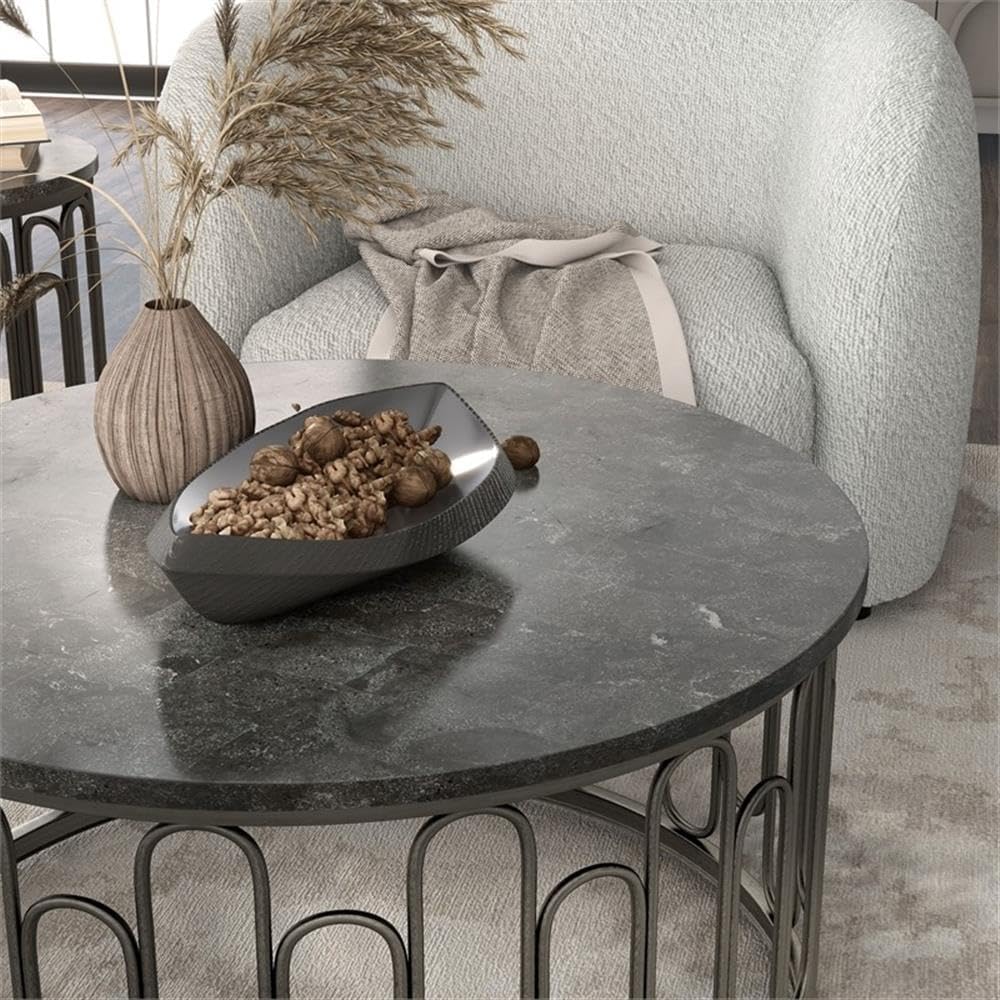 BOWERY HILL Marble and Metal 3-Piece Coffee Table Set, Black Finish, Includes Round Marble Coffee Table 36 in and 2 End Tables 20 in, Sturdy Decorative Iron Base, Contemporary Style Living Room