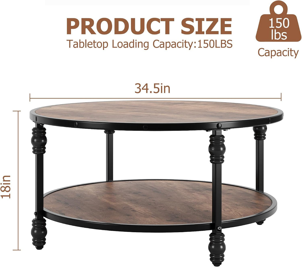 GarveeHome Round Coffee Table 2-Tier Wood Coffee Table with Storage Shelf Brown Circle Center Table Living Room