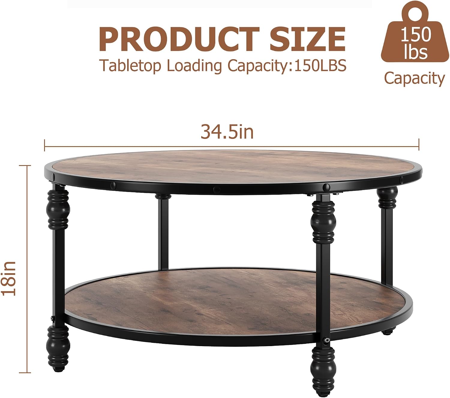 GarveeHome Round Coffee Table 2-Tier Wood Coffee Table with Storage Shelf Brown Circle Center Table Living Room