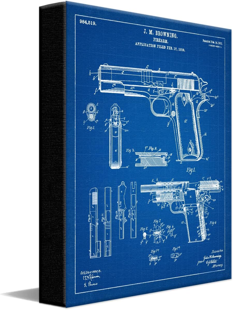 Personal-Prints Firearm Patent Art | Vintage Wall Art, Office, Bedroom Decor | 2nd Amendment & Choice of Unique Gun Art Gifts | USA Made (2 Piece Set, Blueprint, 16'x20' Stretched Canvas)