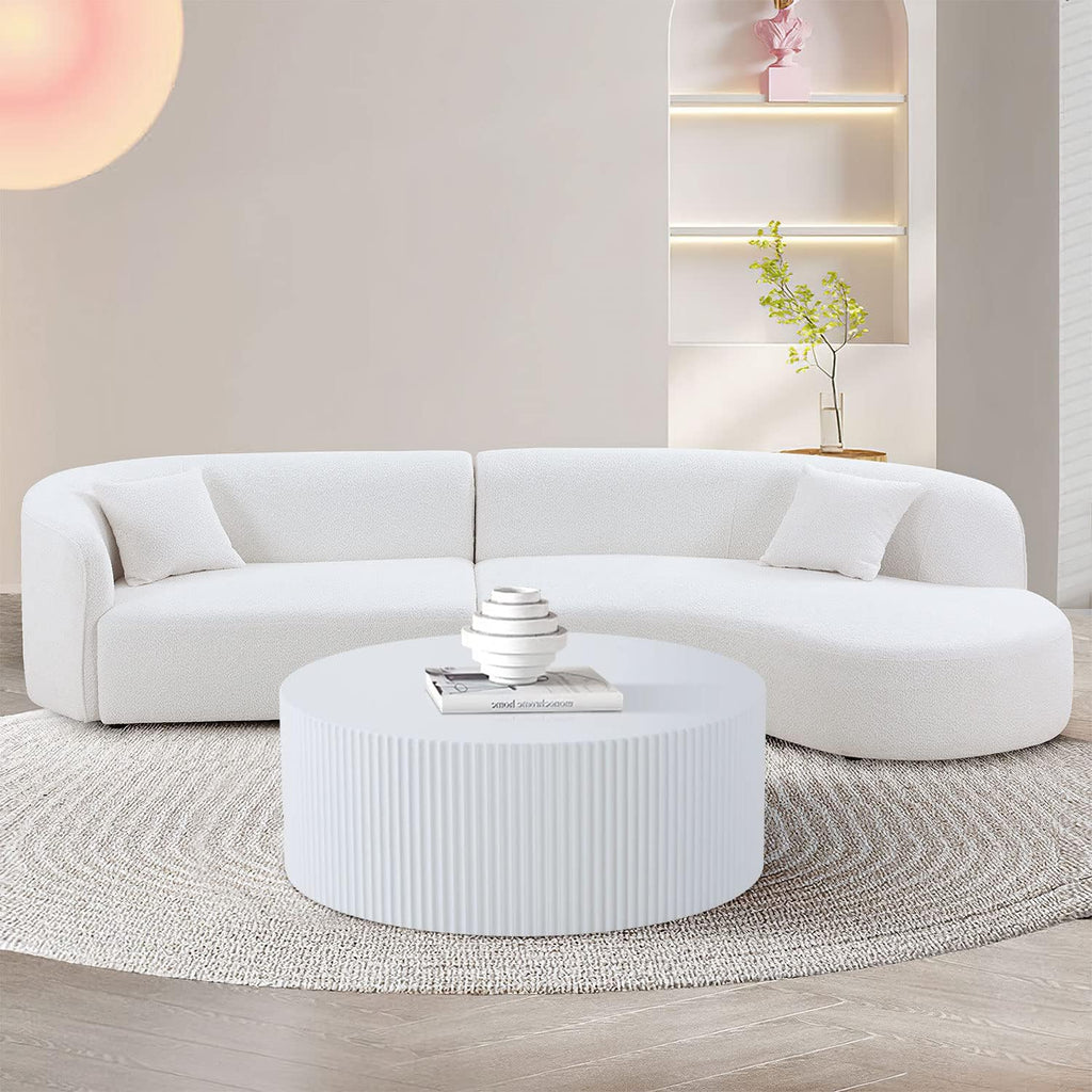 White Round Coffee Table, Modern Nesting Coffee Table End Table Set for Living Room, Wood Circle Drum Side Table, Matte White