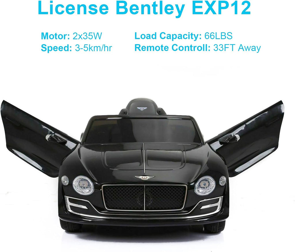 SEHOMY 12V Bentley Electric car for Kids with Remote, EXP12 Kid Cars to Drive Battery Powered Ride On Vehicle with 4 Wheels, Foot Pedal, 2 Speeds, Music, Aux, LED Headlight, Music Player Black