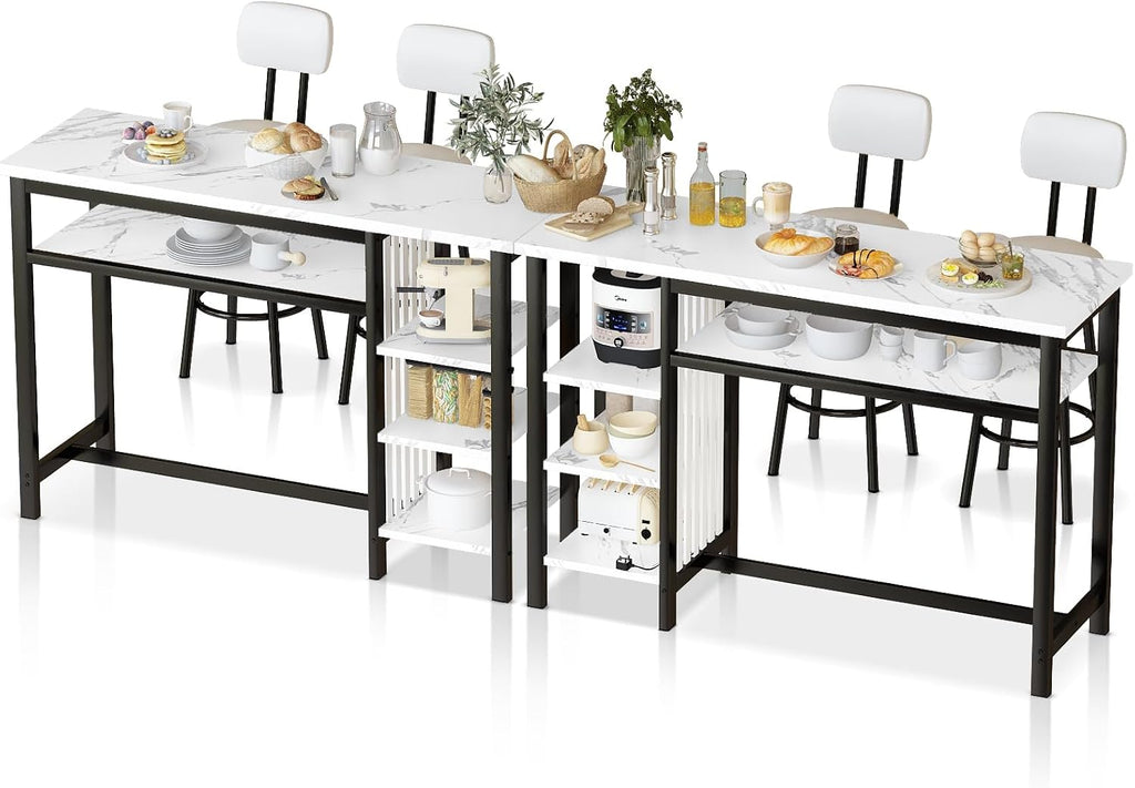 AWQM 3-Piece Bar Table and Chairs Set, Modern White Faux Marble Table with 2 PU Cushion Bar Stools, Kitchen Counter with 3 Tier Storage Shelves, Space Saving Table for Home & Kitchen, Black Frame