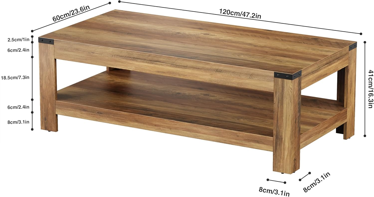 Farmhouse Coffee Table, 47.2' Modern Rustic Wooden Center Table with Storage, Rectangle Living Room Tables, 2-Tier Industrial Cocktail Tea Table for Living Room