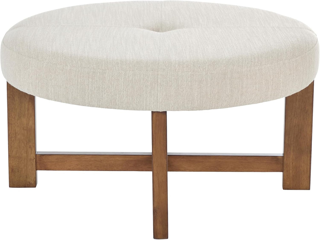 Christopher Knight Home Ladin Modern Round Ottoman Coffee Table, Fabric Upholstered Cocktail Ottoman for Living Room Sofa, Entryway Comfortable Footstool, Wooden Ottoman Foot Rest, Beige+Brown
