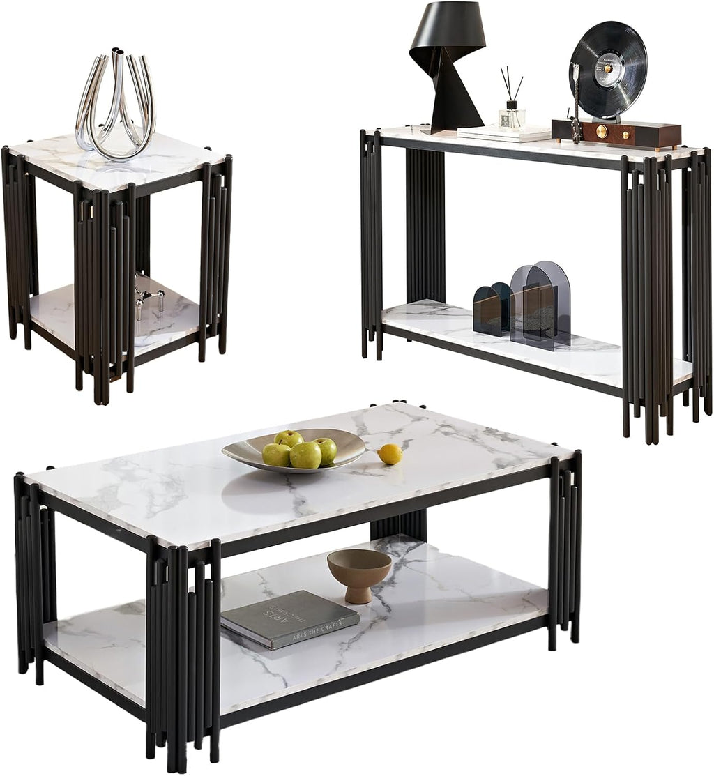 Elegant Marble Coffee Table Set of 3 White Faux Marble Coffee Table Console Table End Table Set with Black Metal Frame 3 Piece Living Room Table Set for Apartment Home Office
