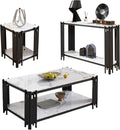 Elegant Marble Coffee Table Set of 3 White Faux Marble Coffee Table Console Table End Table Set with Black Metal Frame 3 Piece Living Room Table Set for Apartment Home Office