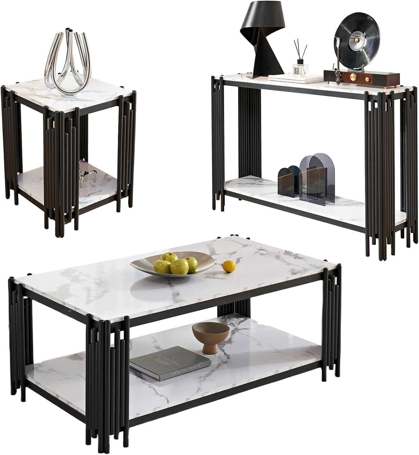 Elegant Marble Coffee Table Set of 3 White Faux Marble Coffee Table Console Table End Table Set with Black Metal Frame 3 Piece Living Room Table Set for Apartment Home Office