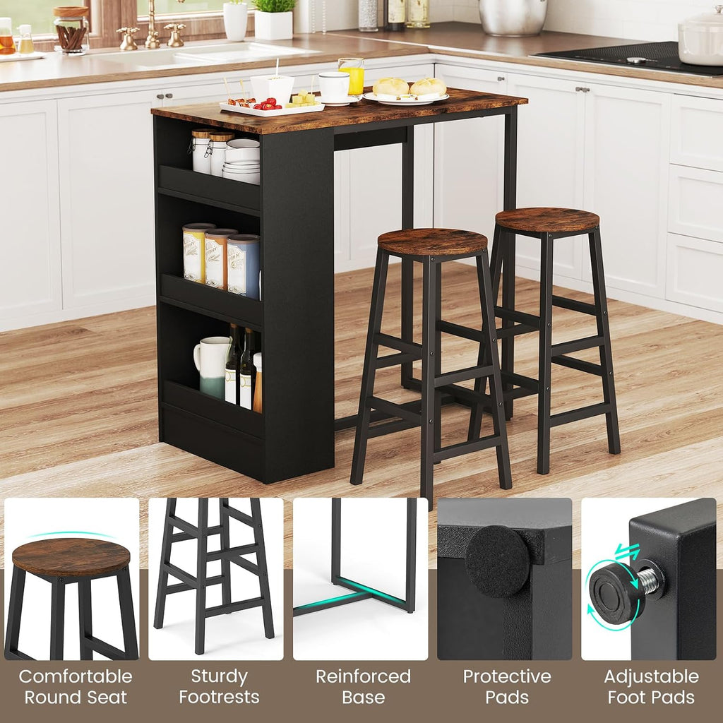 COSTWAY 3-Piece Bar Table Set, 36' Counter Height Breakfast Table with 3 Storage Shelves & 2 Round Stools, Rectangular Kitchen Table Set for 2, for Dining Room, Living Room, Rustic Brown and Black