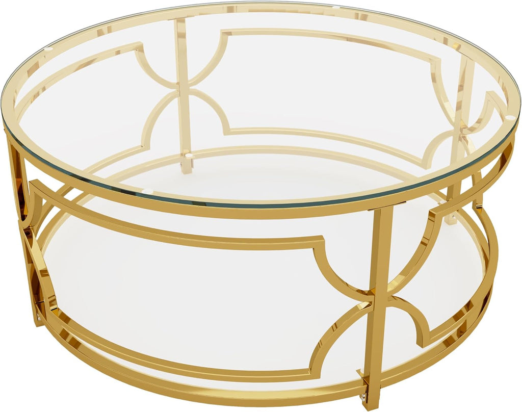 Merax 30.7' Round Tempered Glass Coffee Table, Luxurious Gold Geometric Metal Frame Side Table with Lower Storage Shelf, Modern Accent End Tables for Living Room, Bedroom, Apartment, Transparent