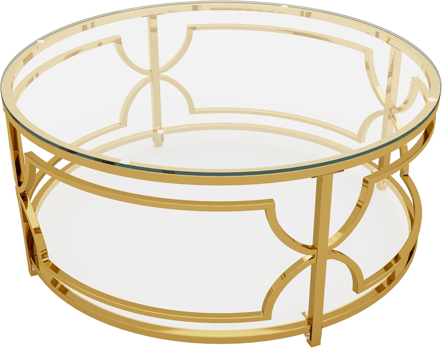 Merax 30.7' Round Tempered Glass Coffee Table, Luxurious Gold Geometric Metal Frame Side Table with Lower Storage Shelf, Modern Accent End Tables for Living Room, Bedroom, Apartment, Transparent