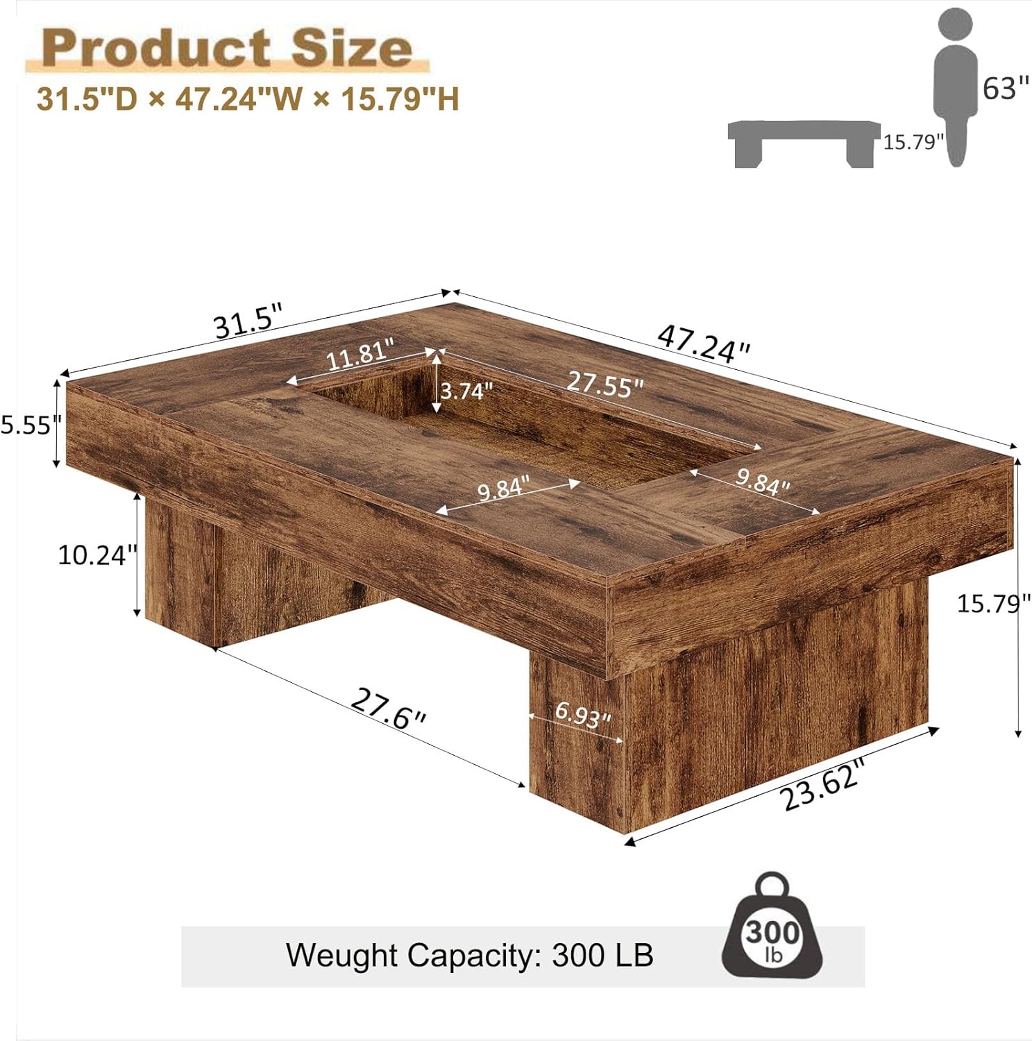 LVB Rustic Coffee Table, Large Wood Living Room Table with Storage, Modern Long Rectangle Led Center Table, Farmhouse Unique Low Wide Tea Table with LED Light for Home Office, 47.24 in, Rustic Brown