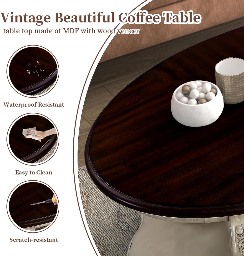 LKTART Oval Coffee Tables Set of 3, Vintage Wood Coffee Table with Carved Wood Legs, Antique Living Room Table Set(Beige and Espresso Top)