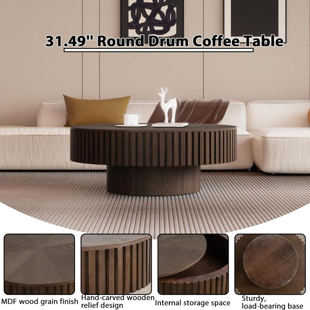 Round Fluted Coffee Table with Storage, Modern Wooden Circle Drum Coffee Tables Handcrafted Fluted Centry Table for Living Room Apartment Small Space