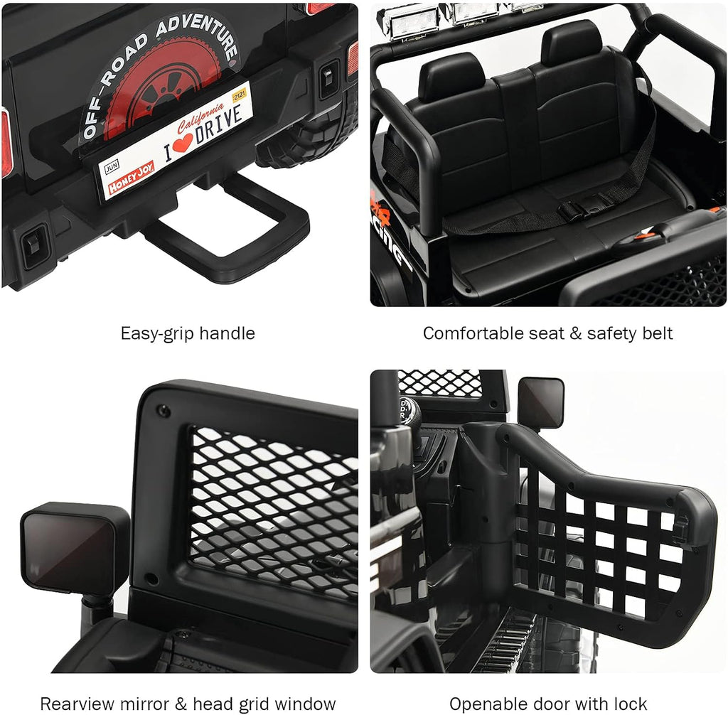 Costzon 2-Seater Ride on Truck, 12V Battery Powered Electric Vehicle w/Remote Control, 2 Speeds, Spring Suspension, LED Light, Horn, Music/ MP3, 2 Doors Open, Ride on Car for Kids (Black)