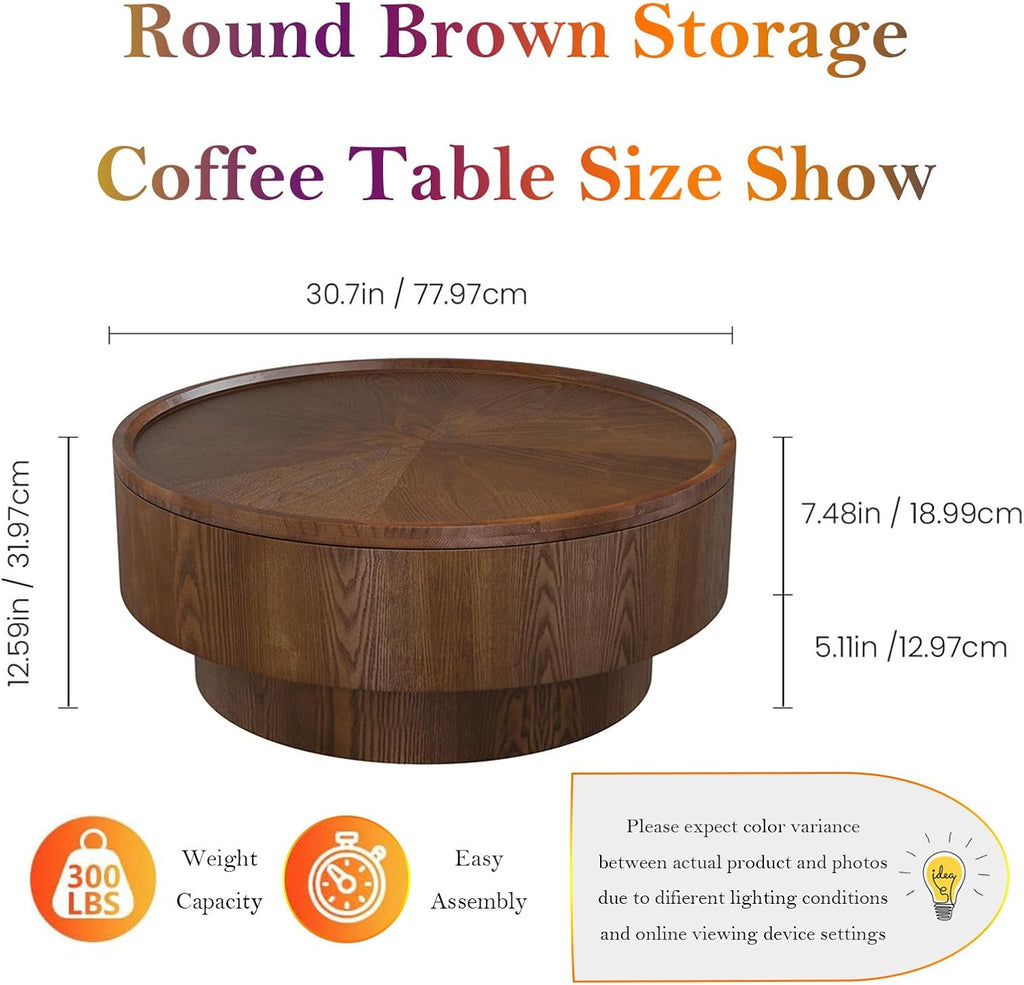 Round Coffee Table with Covert Storages Spaces 30.7' Modern Circle Center Table - Solid Wood Veneered for Living Room Study Balcony (B)
