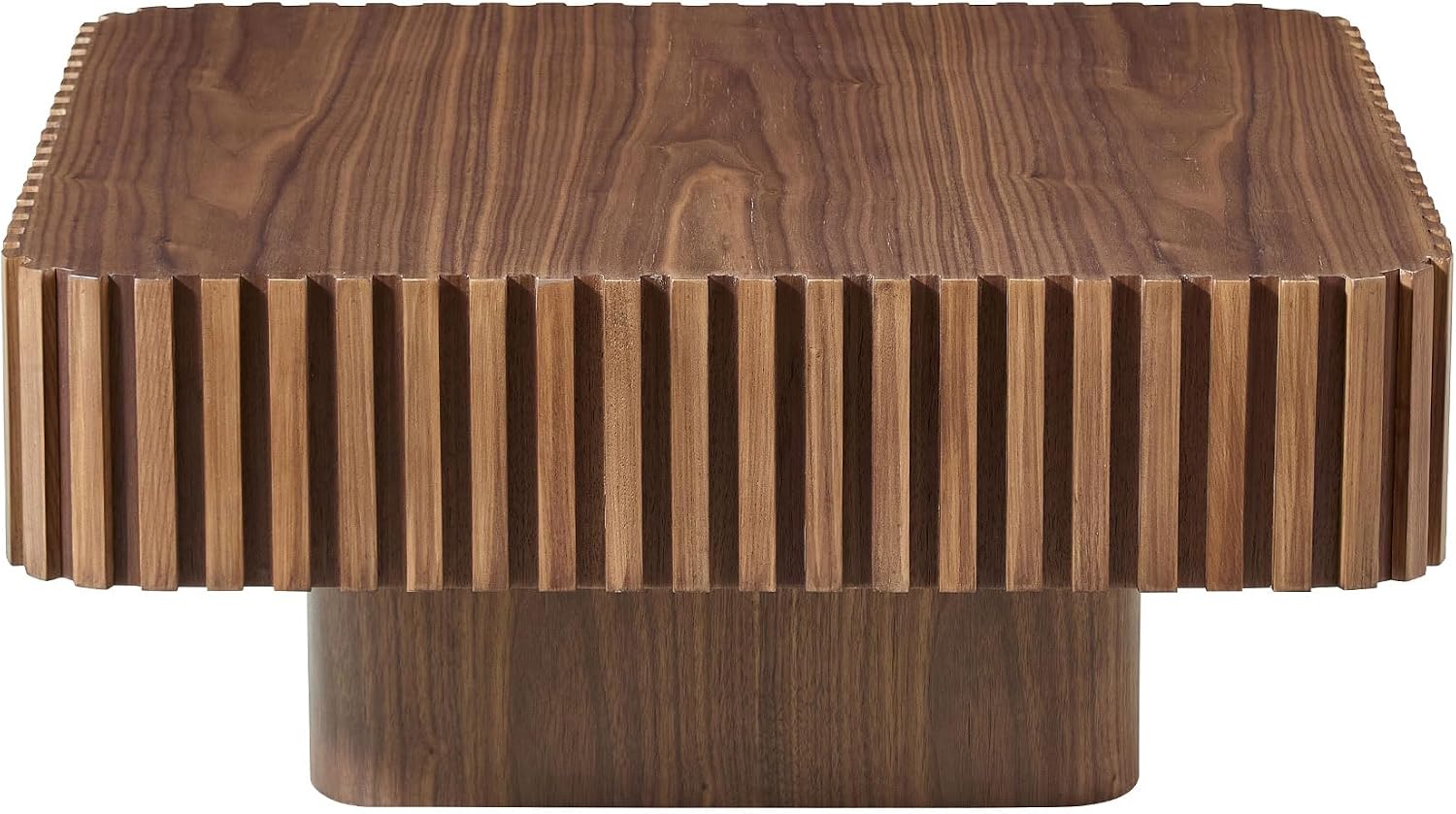 31.49'' Square Coffee Table for Living Room, Modern Wood Drum Pedestal Flute Embossment Coffee Table, Easy Assembly, Walnut