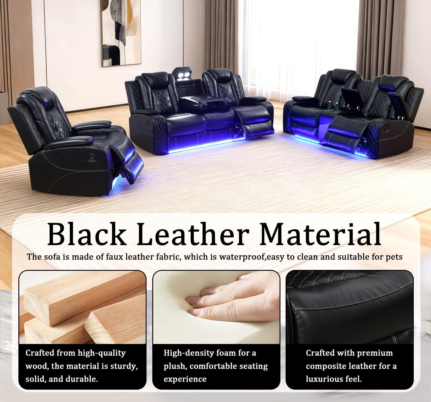 Power Leather Recliner Sofa with LED Lights, Power Reclining Couch,Leather Sofa with Coffee Table/Arm Storage for Living Room/Home Theater(Black,3 Seater)