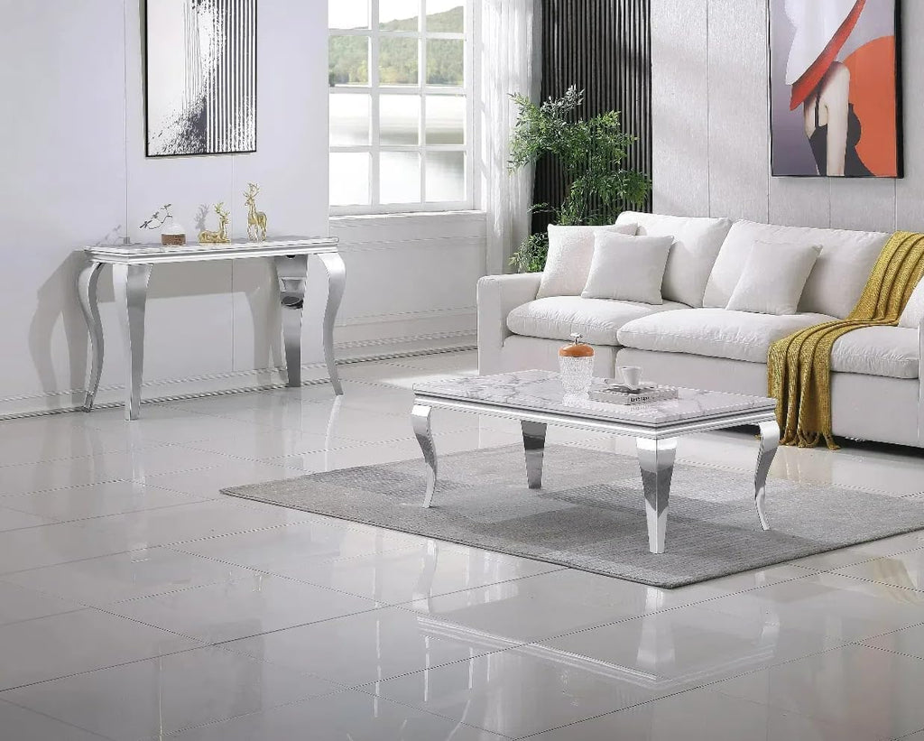 White Marble Coffee Table Set of 2, Modern Faux Marble Coffeee Table and Console Table, Luxury 2 Piece Living Room Table Set with Silver Stainless Steel S-Shape Legs for Apartment Home Office