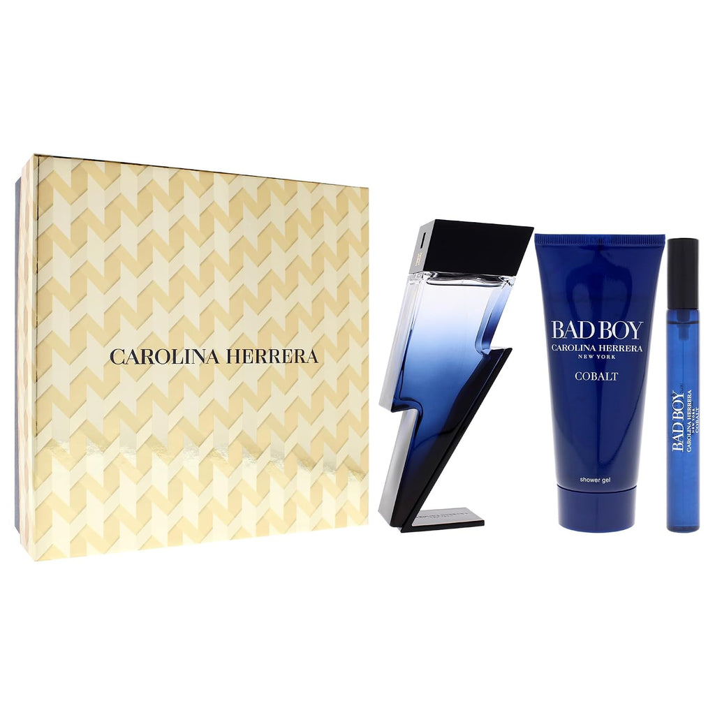Bad Boy Cobalt Electrique by Carolina Herrera for Men - 3 Pc Gift Set 3.4oz EDP Spray 0.34oz EDP Spray (Mini), 3.4oz Shower Gel