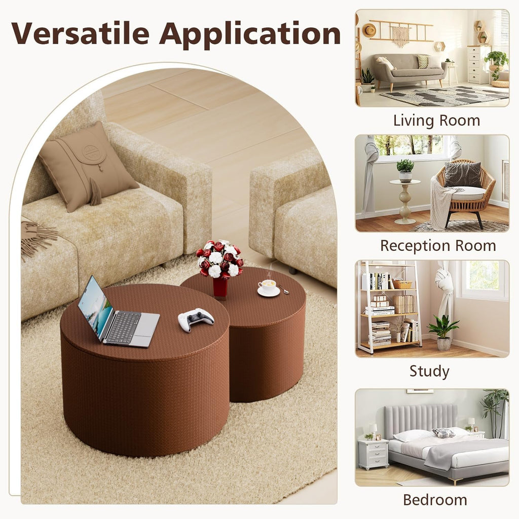 WXFKLDJ Nesting Coffee Tables Set of 2 Leather Finish Round Coffee Tables with Storage Wood Frame Drum End Side Table for Small Space Living Room Bedroom No Assembly Needed (Brown with Storage)
