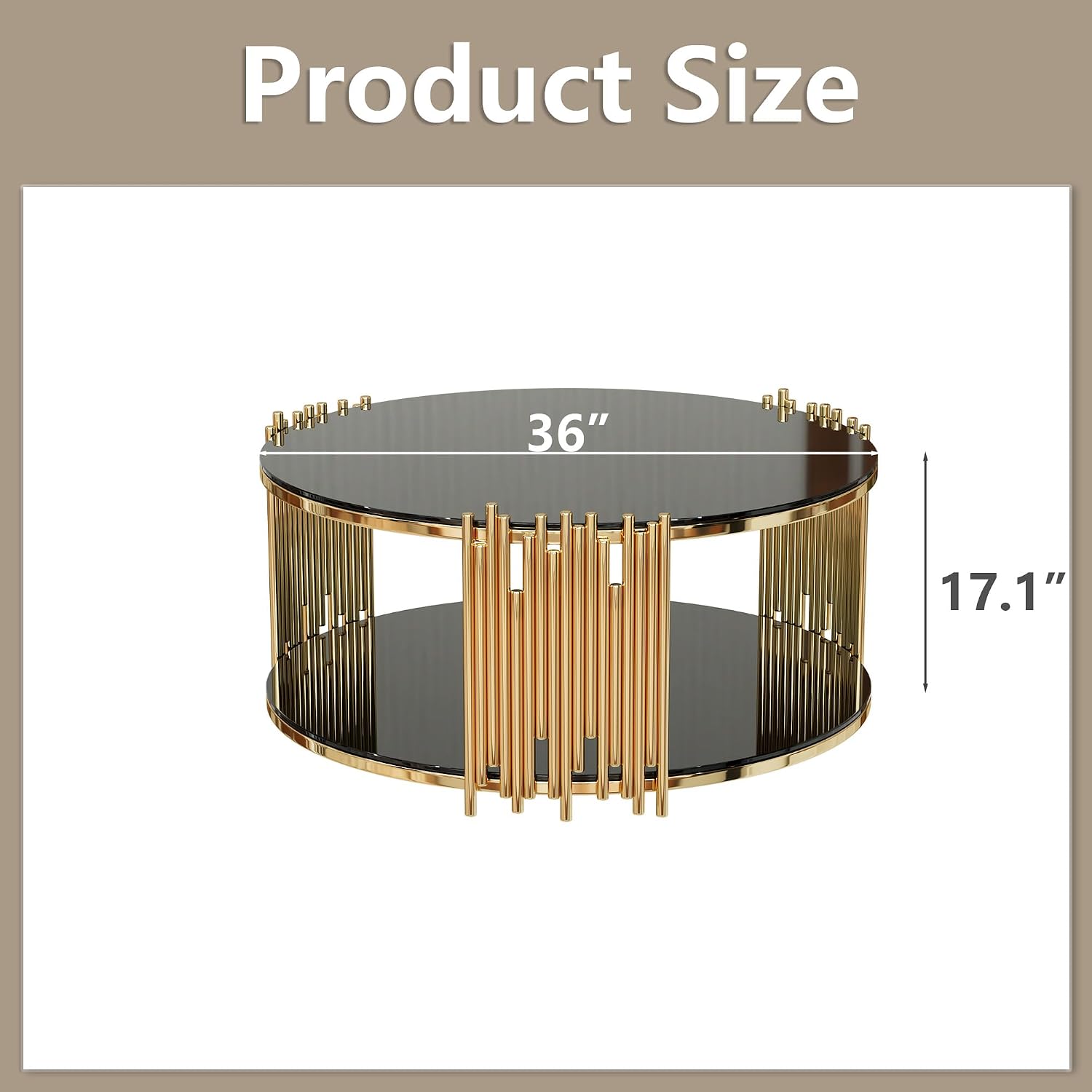 36'' Tempered Glass Round Coffee Table for Living Room, 2-Tier Modern Circle Coffee Table, Black Mirror Tabletop & Metal Drum Base, Easy Assembly, Black & Gold