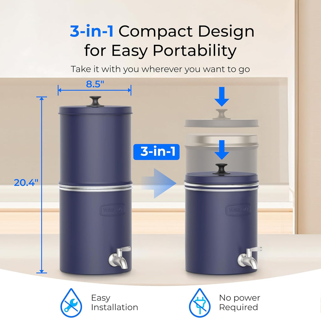 Waterdrop TK-AP Gravity Water Filter System, NSF/ANSI 42&372 Standard, Stainless Steel Water System with 2 Carbon Filters, Reduces Lead and Chlorine for Home, Emergencies, Blue, 2.25G