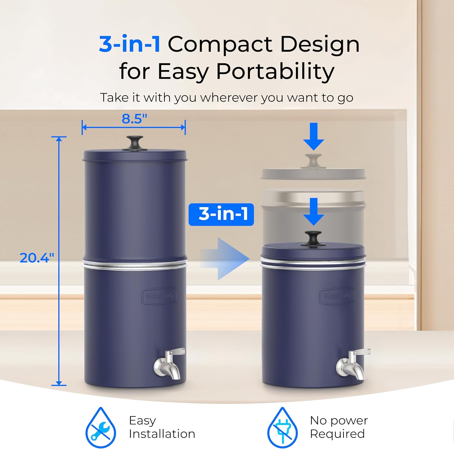Waterdrop TK-AP Gravity Water Filter System, NSF/ANSI 42&372 Standard, Stainless Steel Water System with 2 Carbon Filters, Reduces Lead and Chlorine for Home, Emergencies, Blue, 2.25G
