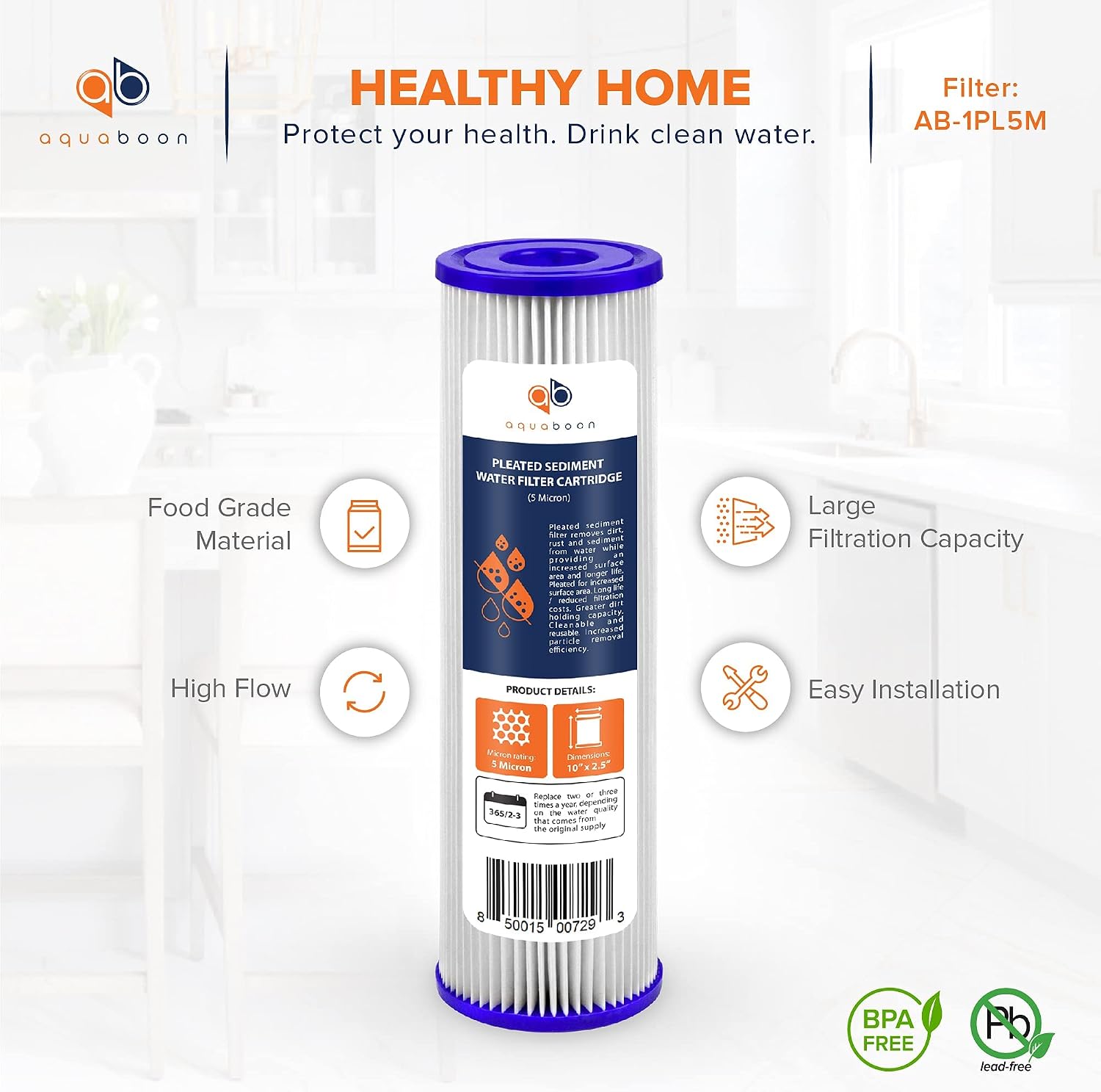 Aquaboon 5 Micron 10x2.5 Whole House Pleated Sediment Filter Cartridge for Well Water Filter Replacement Compatible with WFPFC3002, WHKF-WHPL, 50-Pack