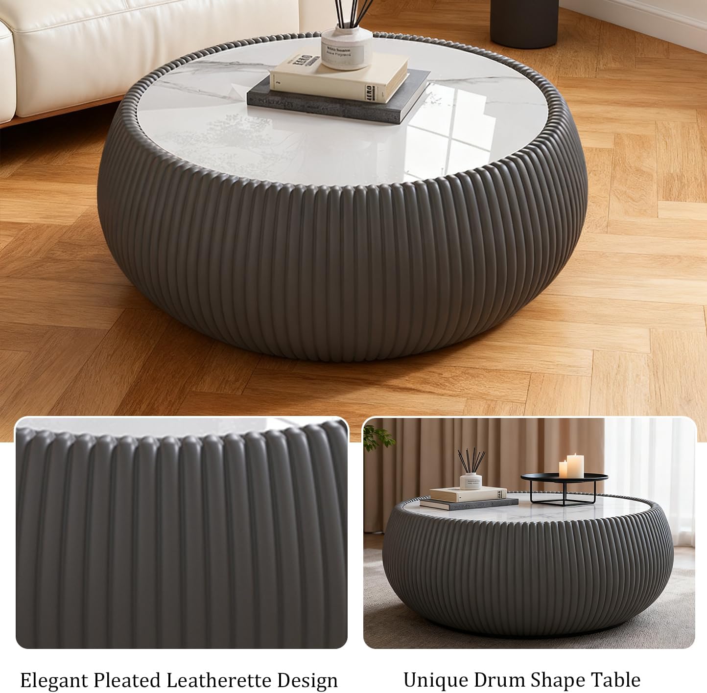 Modern Round Coffee Table Luxury Sintered Stone Top Coffee Table in Grey Leatherette Creative Drum-Shape Cocktail Center Table for Living Room Bedroom,Fully Assembled
