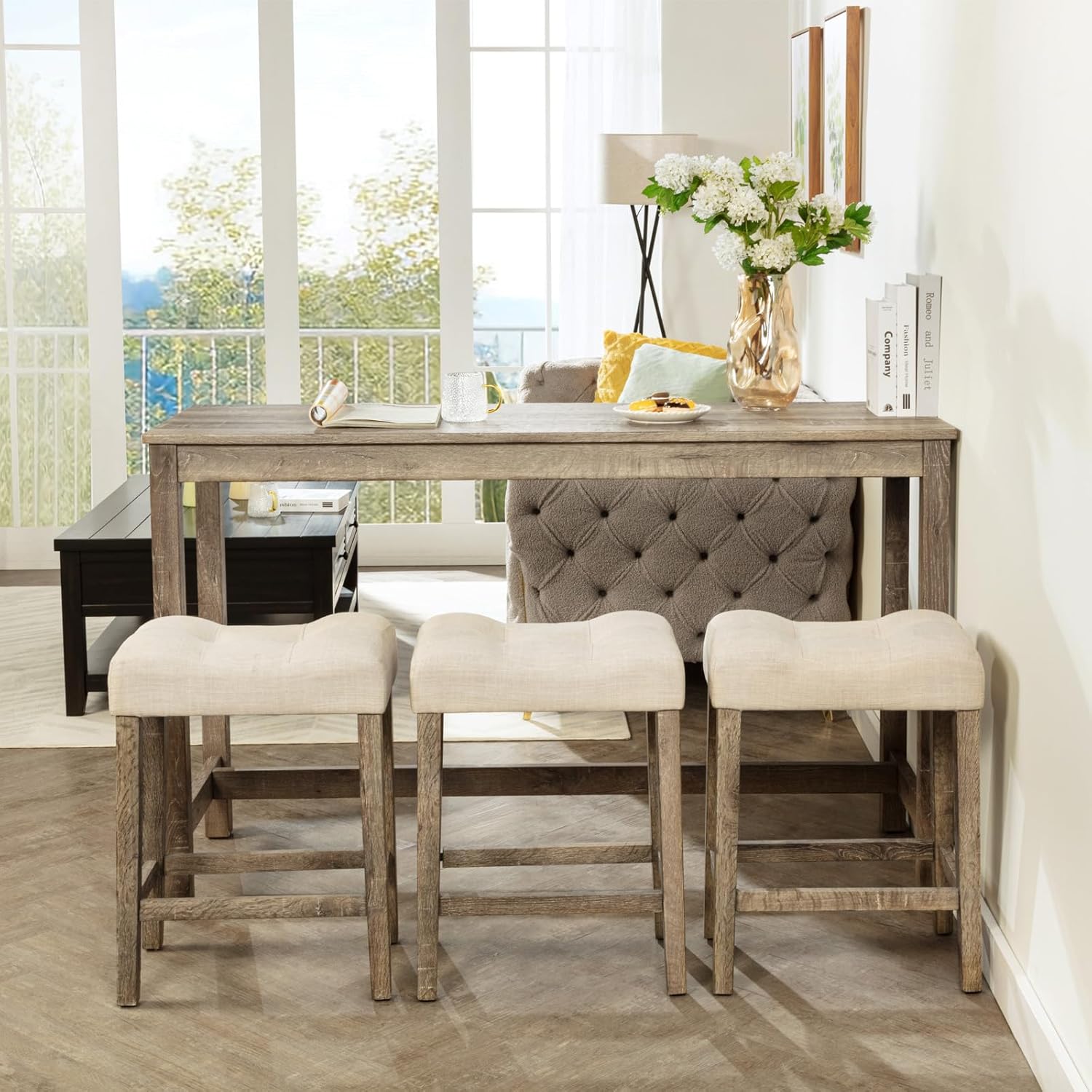 Merax 4 Piece Bar Table Set with Power Outlet,Behind Sofa Couch Table with 3 Linen Fabric Padded Saddle Seat Stools,for Living Room,Dining Room（Brown+Beige）