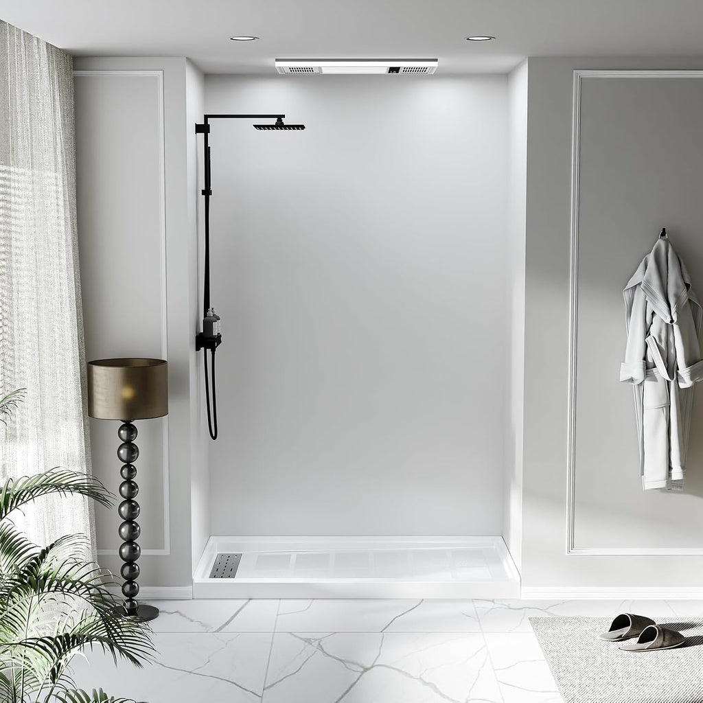 60' x 32' Shower Base Non-Slip SMC Shower Pan with Left Drain, White Bathroom Shower Tray Kit, 304 Stainless Steel Square Drain Cover, Single Threshold Floor for Easy Installation