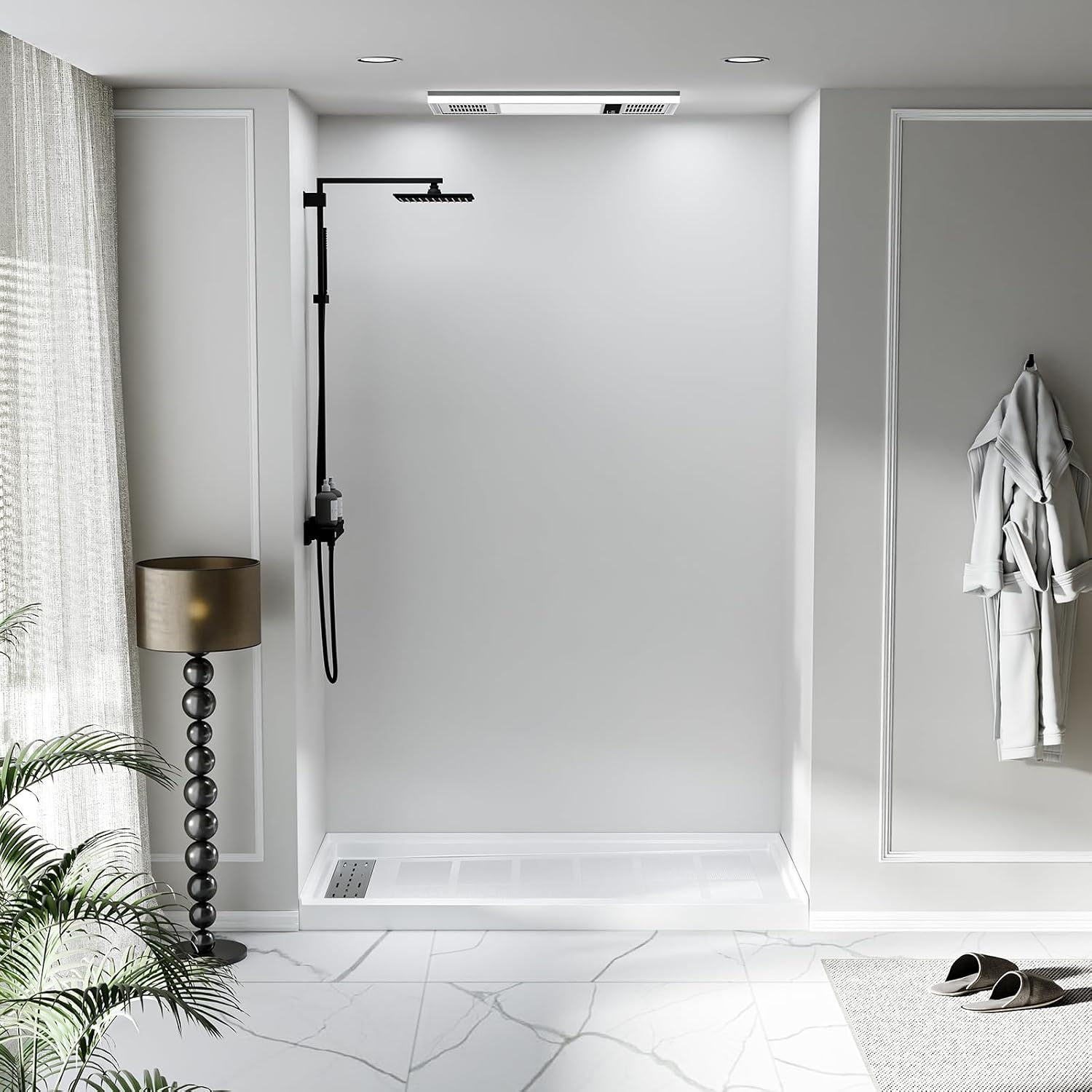 60' x 32' Shower Base Non-Slip SMC Shower Pan with Left Drain, White Bathroom Shower Tray Kit, 304 Stainless Steel Square Drain Cover, Single Threshold Floor for Easy Installation