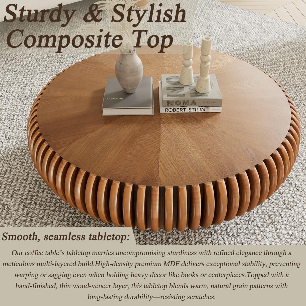 Round Coffee Table for Living Room Modern Solid Wood Fluted Design Coffee Tables with Sturdy Pedestal for Small Space Circle Center Table Accent Tea Table for Apartment, Easy Assemble (Brown, 31.4)