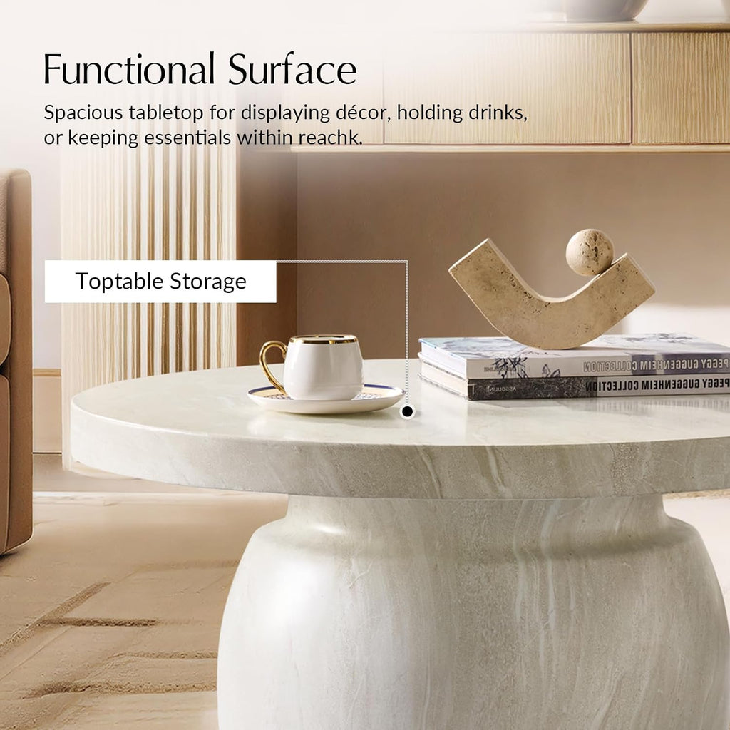 HULALA HOME Modern Marble Coffee Table, 31.5 Inch Round Coffee Table with Marble Concrete Base, for Living Room, with Tabletop, Easy Assembly, Beige