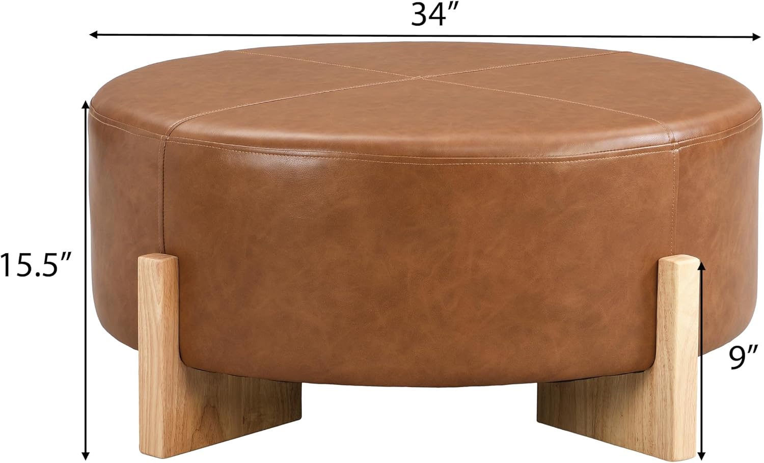 Christopher Knight Home Holmes Modern Faux Leather Upholstered Ottoman Coffee Table, Wooden Round Cocktail Ottoman, Large Living Room Sofa Footstool/Footrest, Brown+Natural