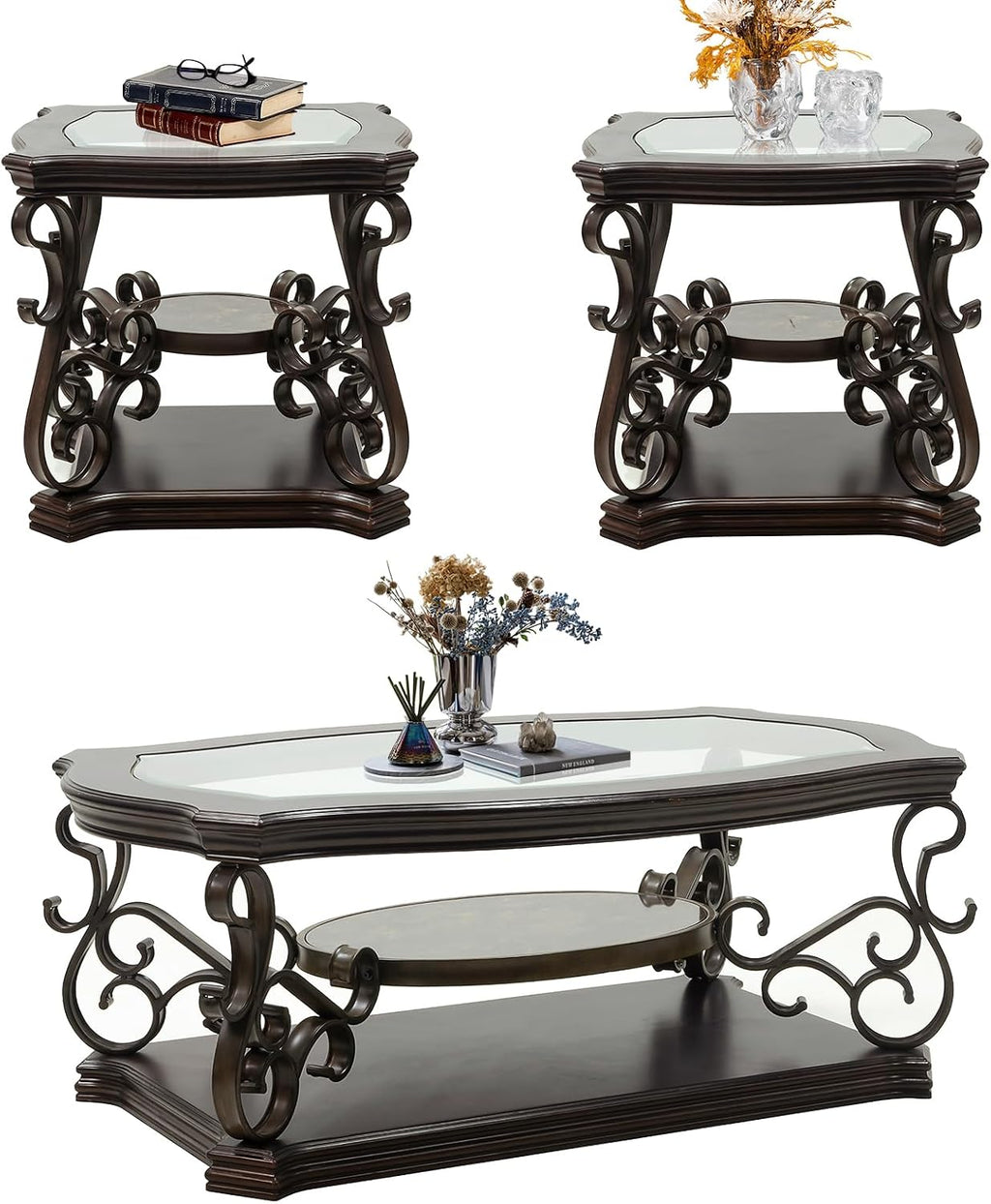 3 Piece Retro Coffee Table Set, Mid Century Modern Living Room Table Set, Traditional 3-Tier Coffee Table and 2 End Tables with Tempered Glass Top & Storage Shelf for Living Room Home Office