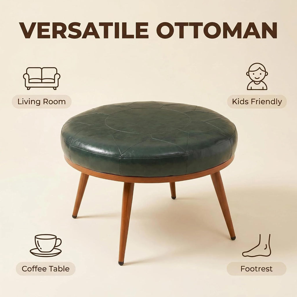 Green Round Ottoman Coffee Table, 24-Inch Faux Leather Cushioned Footstool with Solid Wood Bookshelf & Frame, Multifunctional Storage Ottoman for Living Room, Bedroom