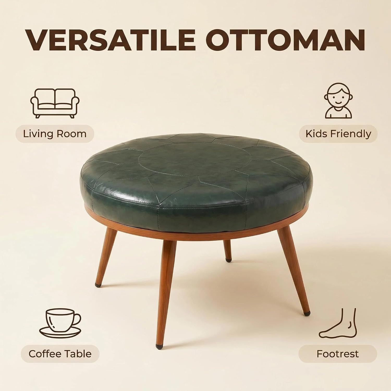 Green Round Ottoman Coffee Table, 24-Inch Faux Leather Cushioned Footstool with Solid Wood Bookshelf & Frame, Multifunctional Storage Ottoman for Living Room, Bedroom