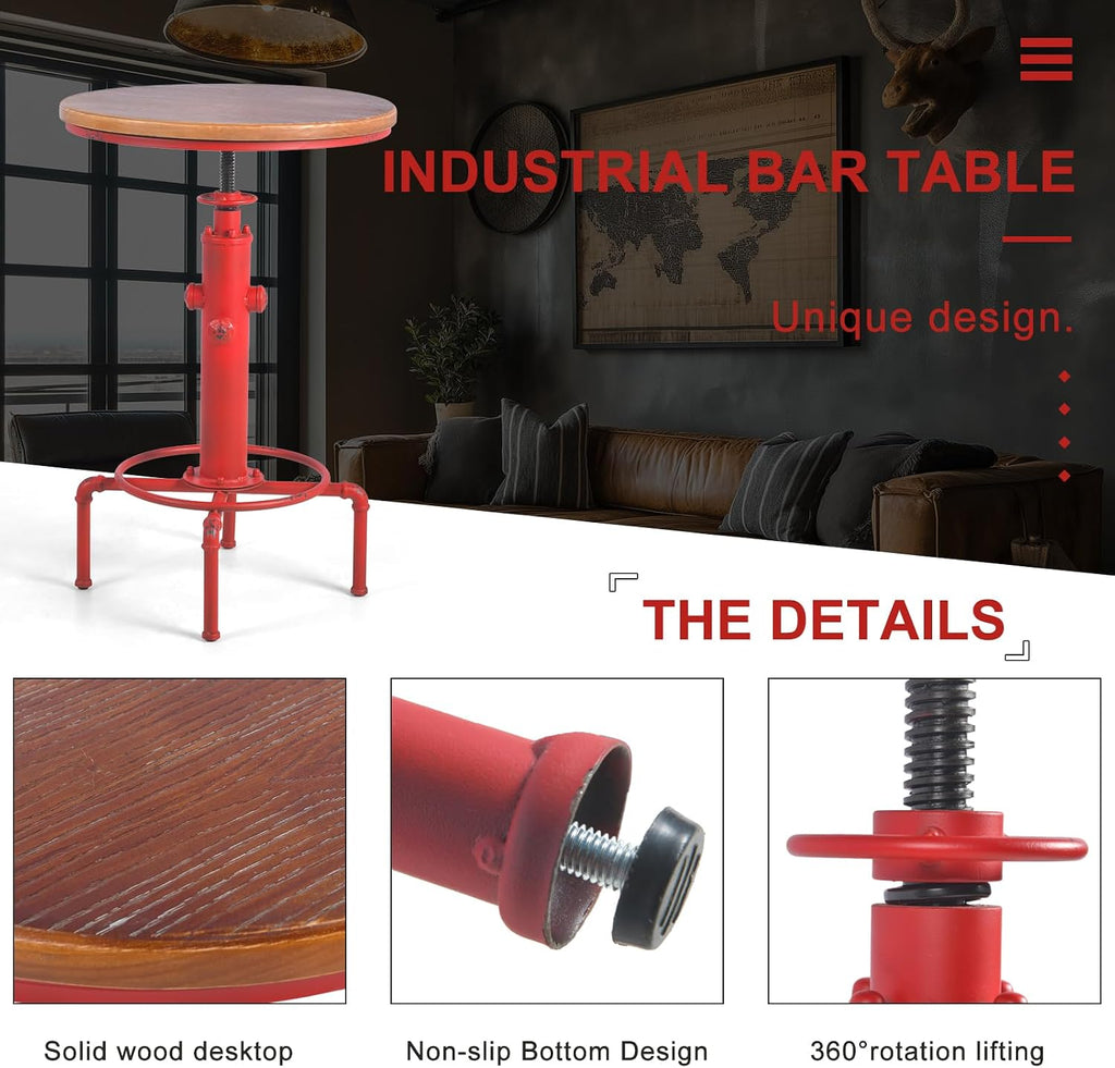 Topower 3 Piece Pub Bar Set Industrial Bar Table and PU Leather Seat Stools for 2, Adjustable Height Coffee Table Farmhouse Stool for Dining Room, Living Room, Coffee Shop, Antique Red