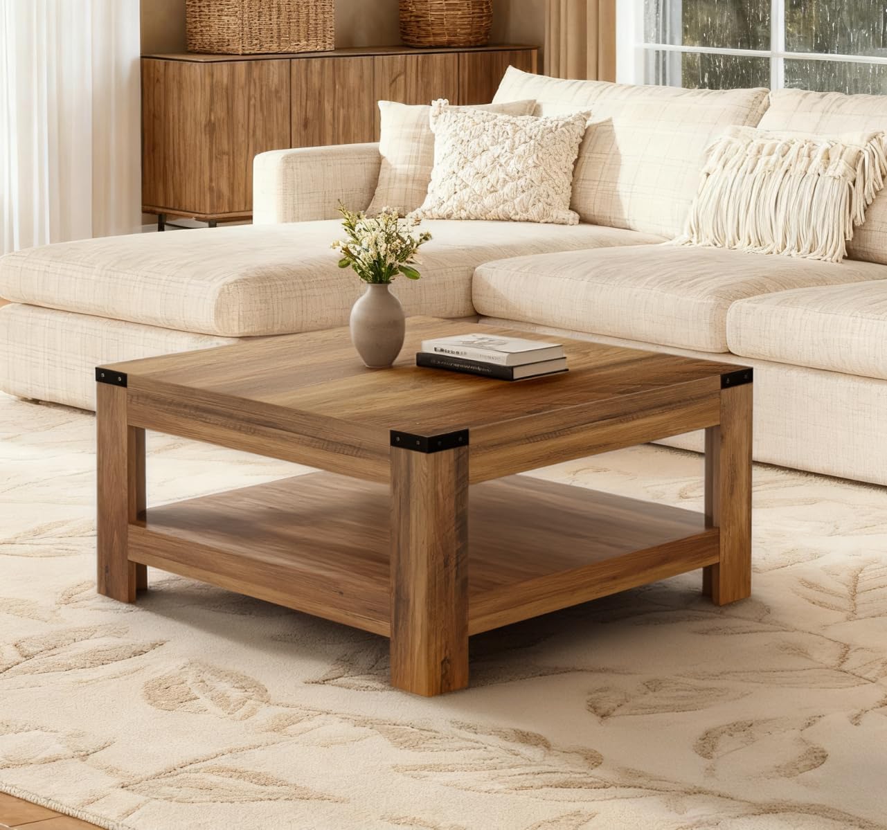 Farmhouse Coffee Table, Modern Rustic Wooden Center Table with Storage, Living Room Tables, 2-Tier Industrial Cocktail Tea Table for Living Room