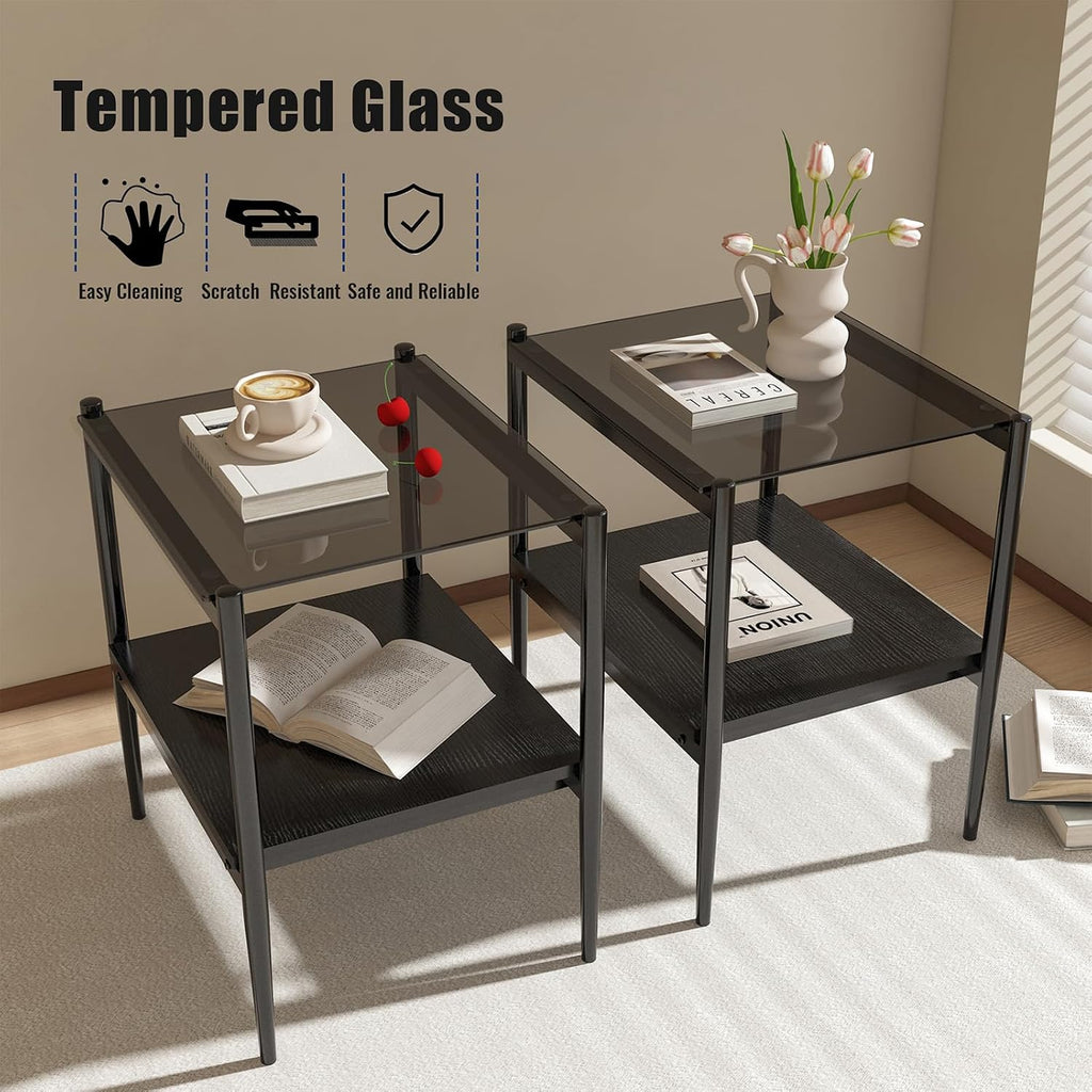 ODUSE-DAILY Coffee Table and End Table 3 Piece Living Room Set, Black Metal Frame Glass Top End Tables, Square Top Shelf, Sofa or Couch Side Tables, Mesa de Centro para Sala (3 Pcs)