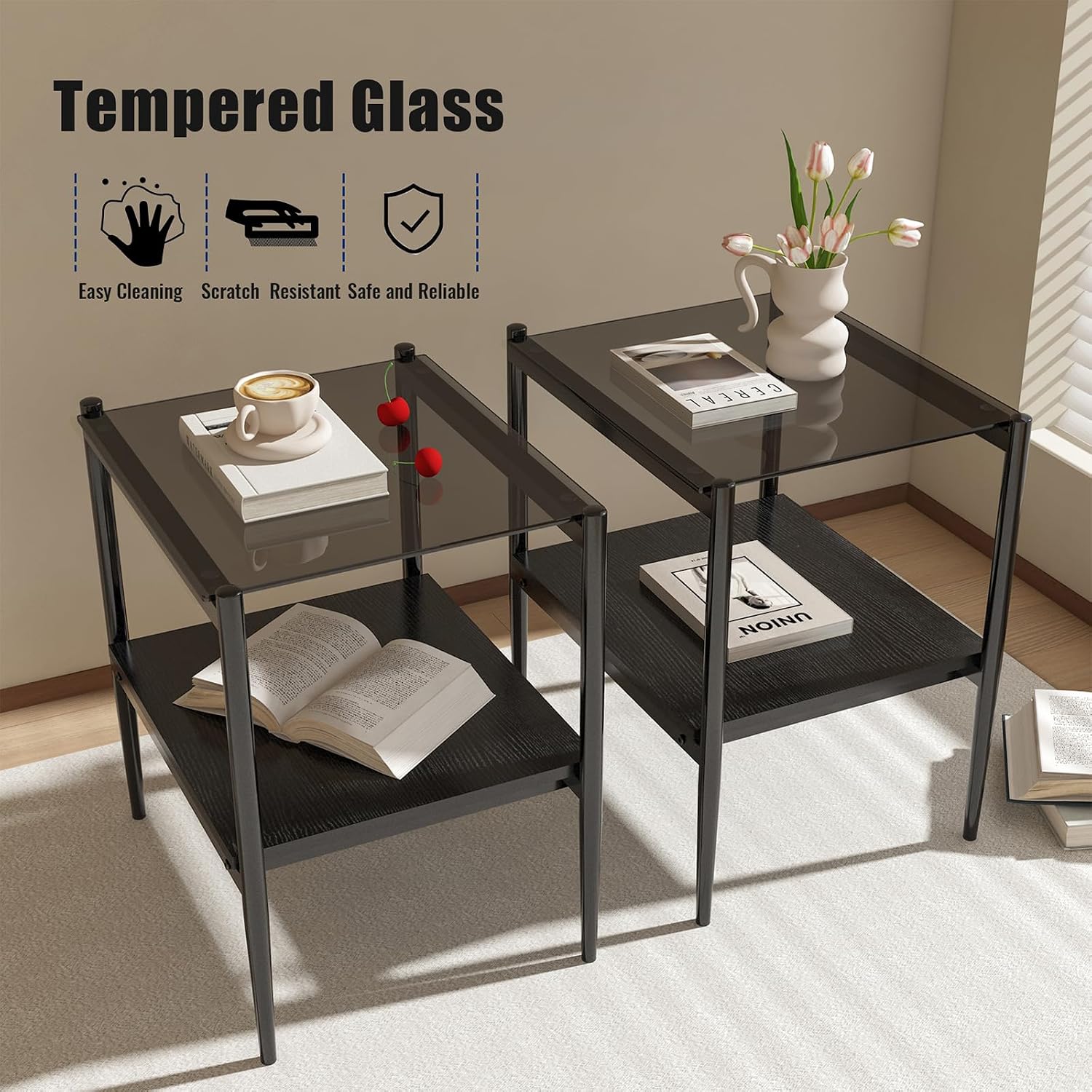 ODUSE-DAILY Coffee Table and End Table 3 Piece Living Room Set, Black Metal Frame Glass Top End Tables, Square Top Shelf, Sofa or Couch Side Tables, Mesa de Centro para Sala (3 Pcs)